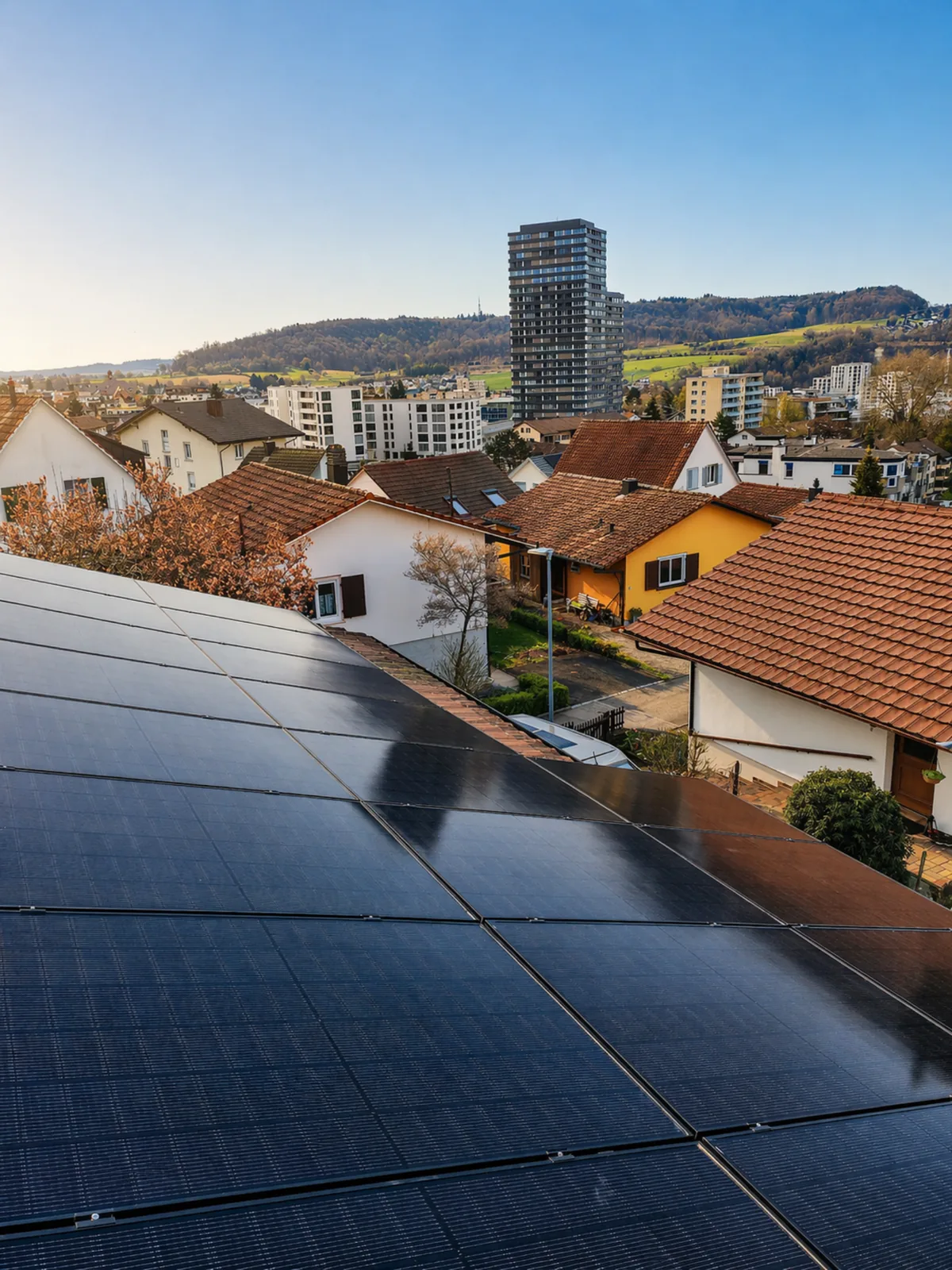 Fertige Photovoltaikanlage mit Blick über die Umgebung